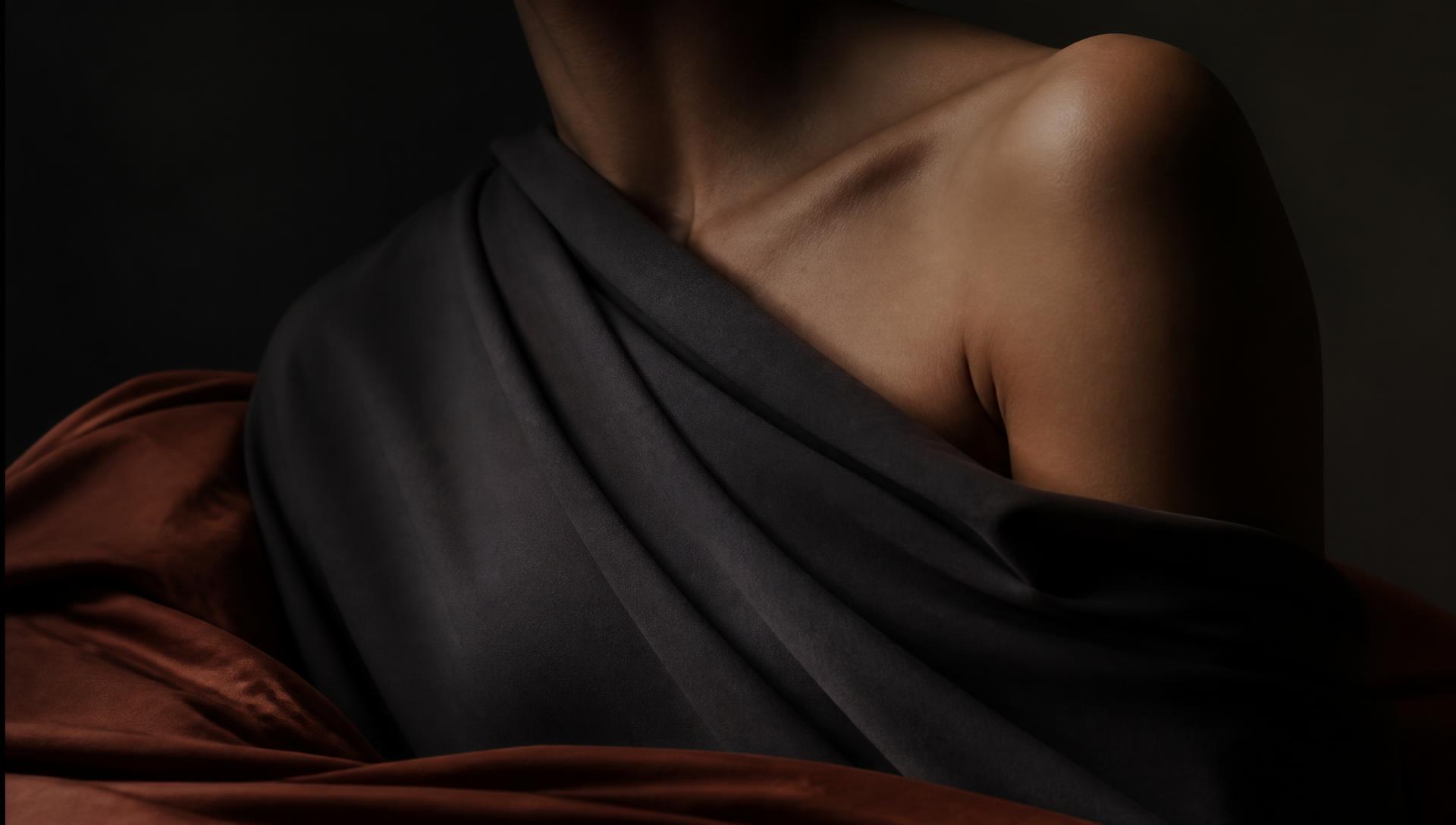 Matte fabric draped over a shoulder in low light